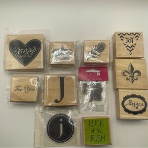 Various Wooden Stamp Collection Heart Feather Fleur and more